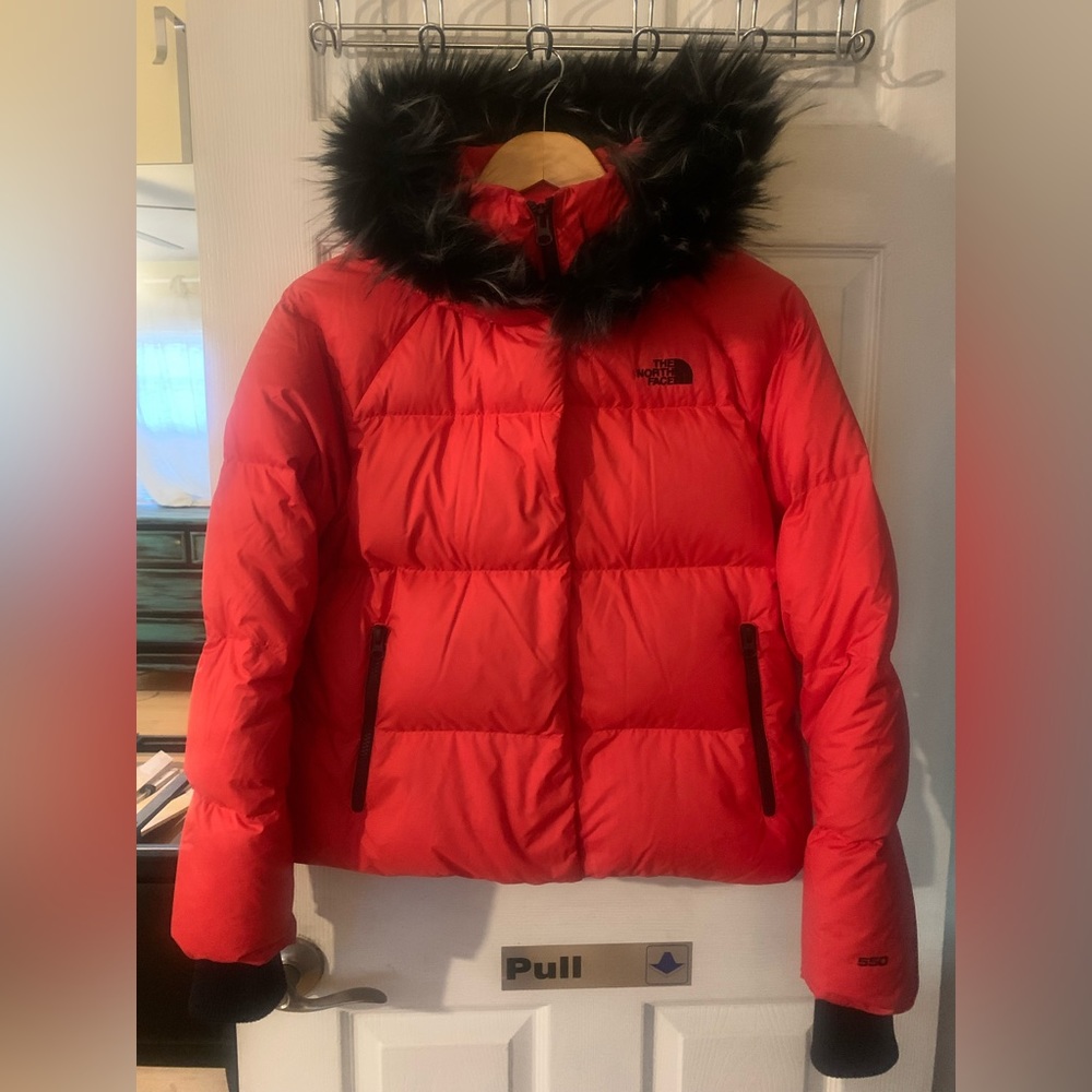 The North Face Red Bomber Jacket with Black Fur Trim